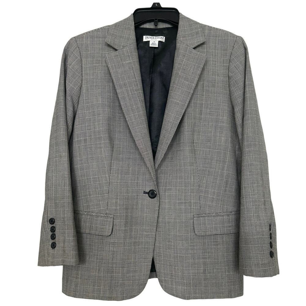 Pendleton Vintage Gray Petite 14 Virgin Wool Glen Plaid Blazer Classic Old Money
